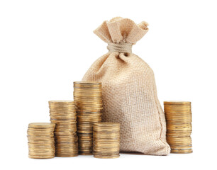 Bag and stacked coins isolated on white