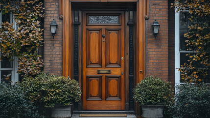 Obraz premium beautiful brown front door framed by lush greenery and brick walls, inviting warmth