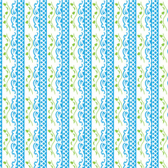 Seamless pattern of blue and green vertical floral and geometric elements on white background