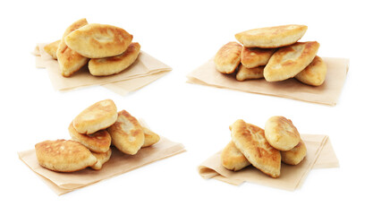 Tasty baked patties on white background, collage