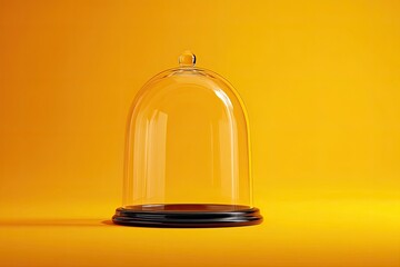 A clear glass dome sits atop a dark circular base against a vibrant yellow backdrop.  The dome is empty, smooth, and reflects light subtly