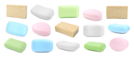Different soap bars on white background, set