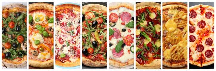 Collage of different delicious pizzas, top view. Banner design