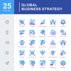 A business icon set focused on global strategy, market trends, investment, trade, and digital marketing for modern growth and competitive advantage.
