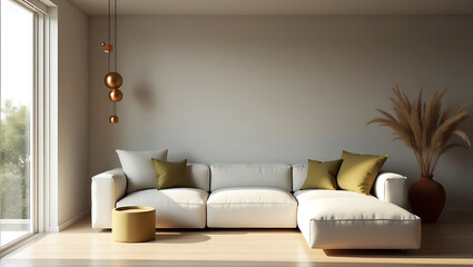 Modern living room interior designed with minimalistic style warm textures and natural calming elements