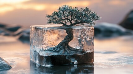A tree in the transparent ice cube
