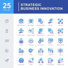Strategic Business Innovation icon set covering digital transformation, branding, market entry, investment, and strategic planning for innovative and scalable business growth.