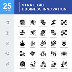 Strategic Business Innovation icon set covering digital transformation, branding, market entry, investment, and strategic planning for innovative and scalable business growth.