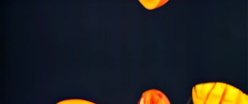 Anamorphic video Delicious slices mango, floating in the air, food professional video on black background