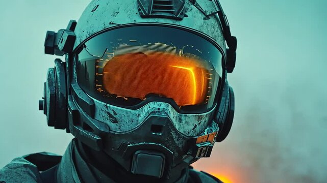 Futuristic soldier with advanced helmet and visor displays cutting edge technology