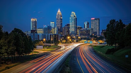 Fototapeta premium City skyline at twilight with a highway in the foreground.