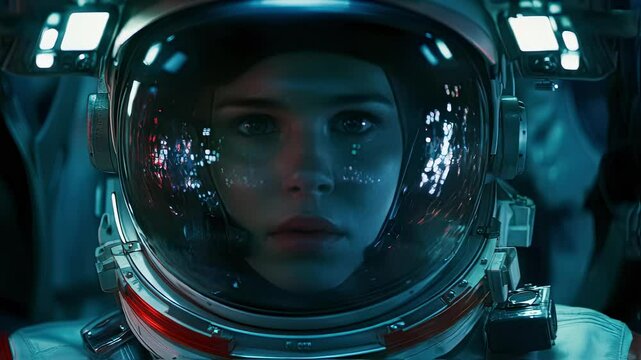 City lights reflecting on her helmet visor, a female astronaut confronts a challenging space mission, her gaze unwavering despite the red alert lights illuminating half of her face