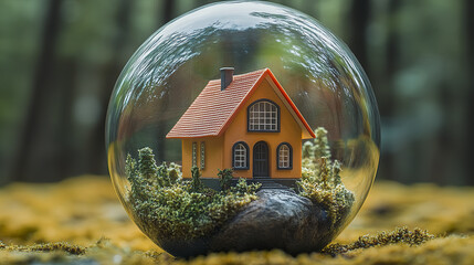 miniature house inside glass dome, surrounded by greenery, evokes sense of protection
