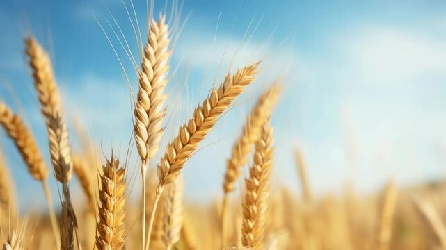 Close-up, low-angle view of golden wheat against a blue sky, capturing the essence of nature's bounty, ideal for a serene video backdrop. Live desktop wallpaper.