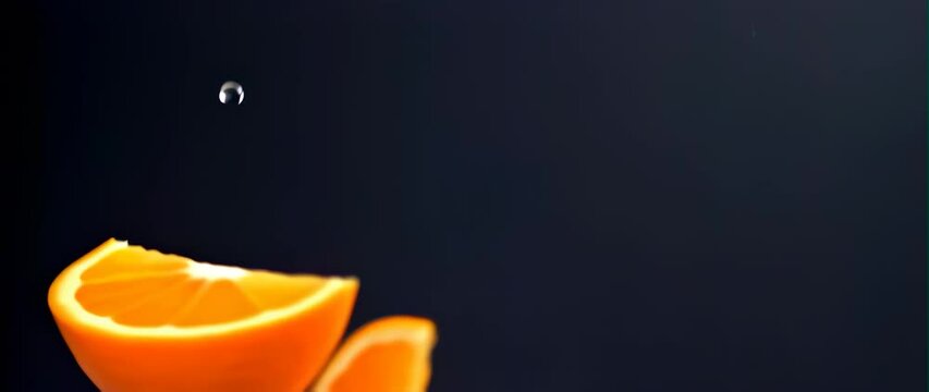 Anamorphic video Slices orange, floating in the air, food professional video on black background 