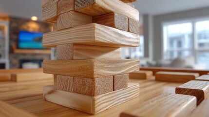 Jenga tower balances on a wooden board in a cozy living room during a friendly game night among family and friends
