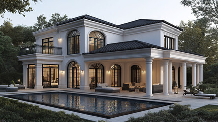 Fototapeta premium Elegant villa design featuring spacious pool and lush landscaping, perfect for relaxation