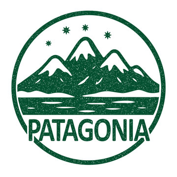 Patagonia stamp featuring snowy mountains in winter illustration on transparent background, vector green