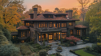 Obraz premium Luxurious mansion surrounded by autumn foliage, showcasing elegant architecture and warm