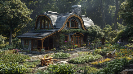 charming house nestled in lush garden, surrounded by vibrant flowers and greenery