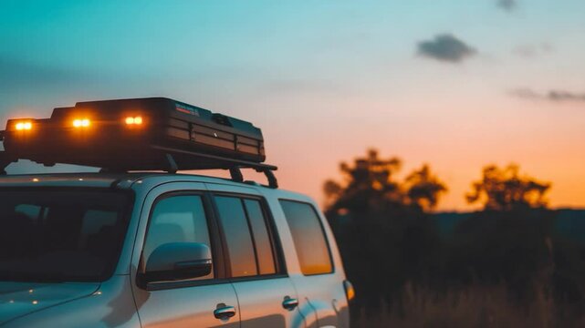 Vehicle with rooftop tent against twilight sky for camping and outdoor adventure
