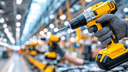 Workers use power tools in a busy factory setting during daytime to assemble products efficiently
