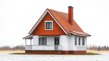 charming house with red roof and white walls, isolated white background, evokes sense