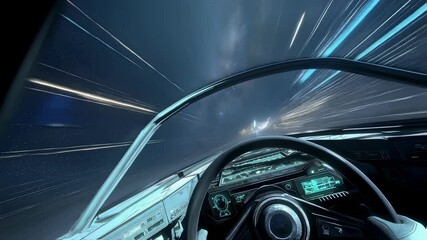 Futuristic spaceship cockpit interior during hyperspace travel, pilot navigating through star trails and warp speed effects, science fiction scene - Powered by Adobe