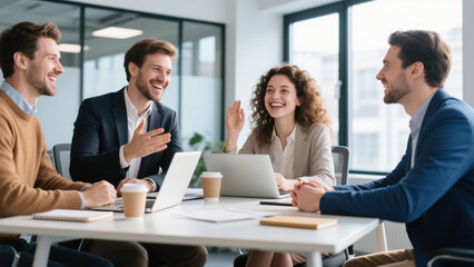 A collaborative and cheerful business meeting in a modern office setting.
