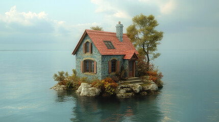 charming house on serene ocean island, surrounded by calm waters and lush greenery