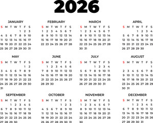 A clean and functional 2026 calendar design in English, showing all months with a clear day and date layout, ideal for planning, scheduling, and time management designs