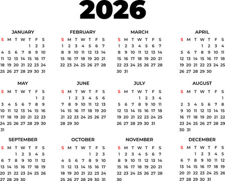 A clean and functional 2026 calendar design in English, showing all months with a clear day and date layout, ideal for planning, scheduling, and time management designs