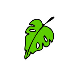 Bright green vector leaf with bold black outline in a flat cartoon style. Simple botanical element for design and decoration.