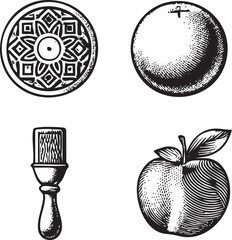 Obraz premium Black and white illustrations of a decorative medallion an orange fruit a paintbrush and a red .