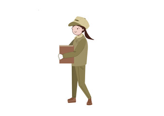 荷物を運ぶ運送業の横向きの女性のカラーイラスト