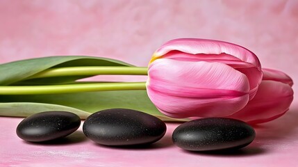Pink Tulips and Black Spa Stones on Pink Background