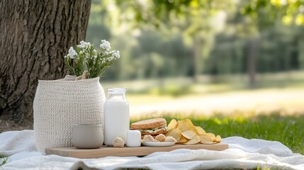 Serene Park Picnic: Milk, Sandwich, and Chips