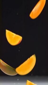 Vertical video Delicious slices mango, floating in the air, food professional video on black background