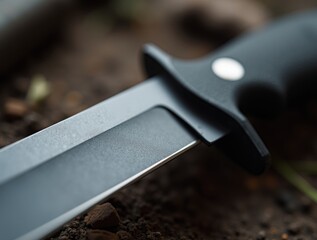 Obraz premium A military-grade knife viewed up close, focusing on serrated blade texture, cropped composition