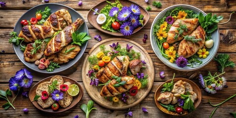 Fototapeta premium Arrange of multiple platters with grilled chicken and fresh herbs arranged on a wooden table, garnished with edible flowers, grilled chicken platter, rustic table