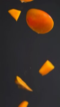 Vertical video Delicious slices mango, floating in the air, food professional video on black background