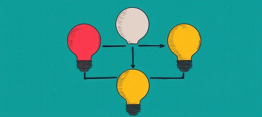 Illustration of four light bulbs connected by arrows on a teal background, representing idea sharing and creative flow.
