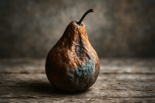 Rotten pear decaying on wooden table with dark background