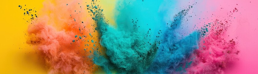 Vibrant clouds of colored powder explode against a yellow background, creating a dynamic and energetic abstract effect.