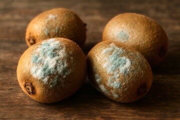 Mold growing on kiwi fruits placed on wooden table