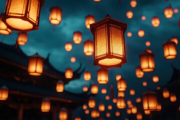 Glowing lanterns float against a twilight sky, creating a magical, festive ambiance at an outdoor cultural celebration.