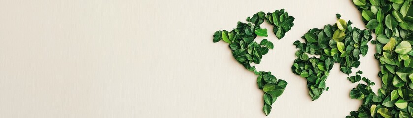 A world map made of green leaves on a beige background, symbolizing environmental awareness and sustainability.