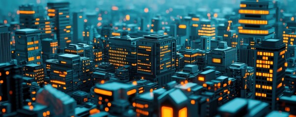 A futuristic cityscape at night featuring tall buildings illuminated by glowing yellow lights.