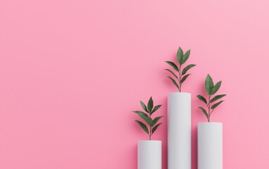 Three minimalist white vases with green plants are arranged in ascending order against a solid pink background.