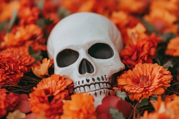 A white skull surrounded by vibrant orange marigold flowers, evoking a festive and symbolic atmosphere.